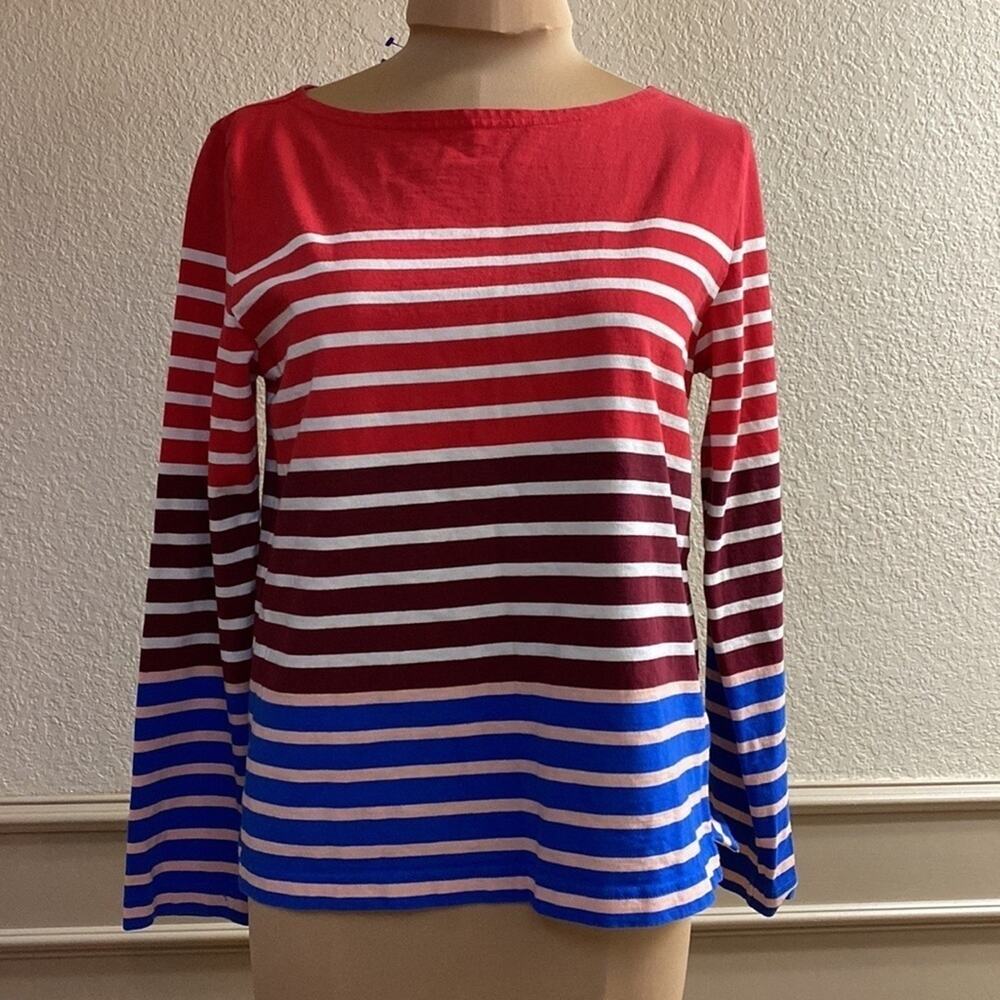 J. Crew red white and blue striped long sleeve cotton boat neck pullover top